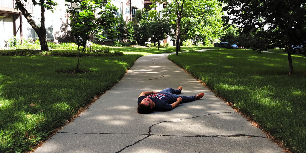 Person falling on apartment complex walkway.