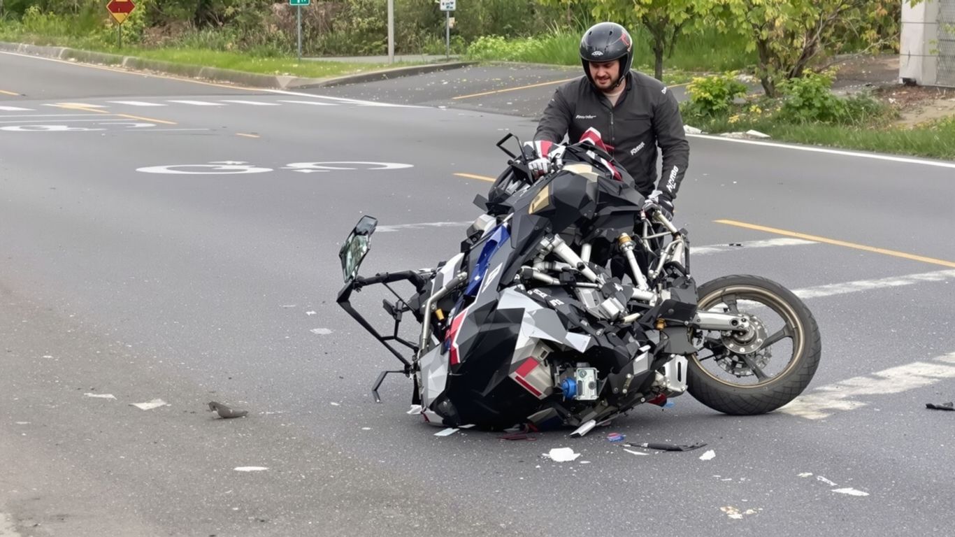Motorcycle accident aftermath on a road.