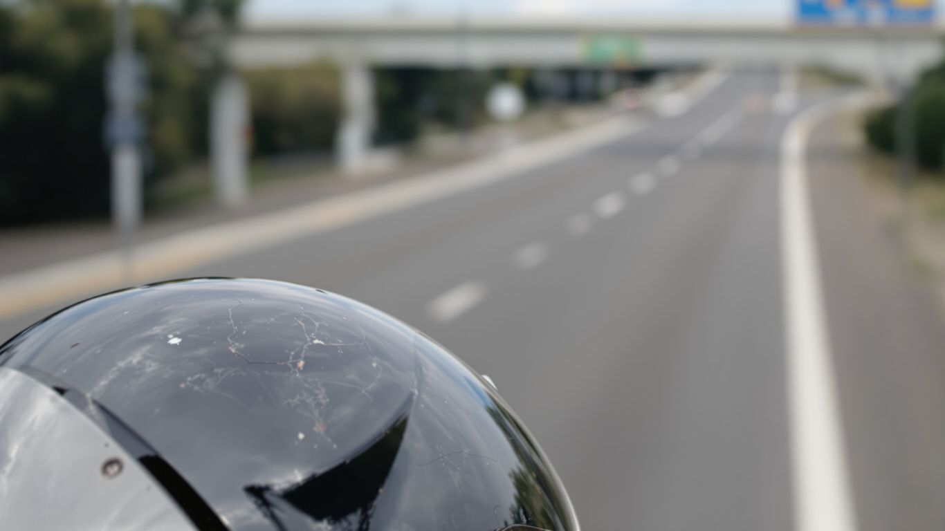Motorcycle helmet, possibly damaged, on a road.