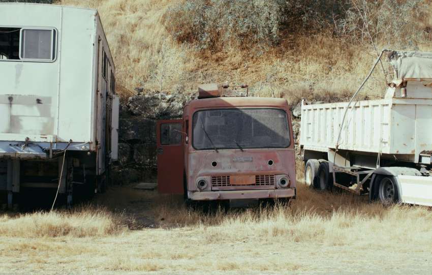 a group of old trucks